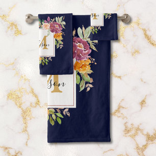 Monogram Elegant Watercolor Rose Floral Botanical Bath Towel Set