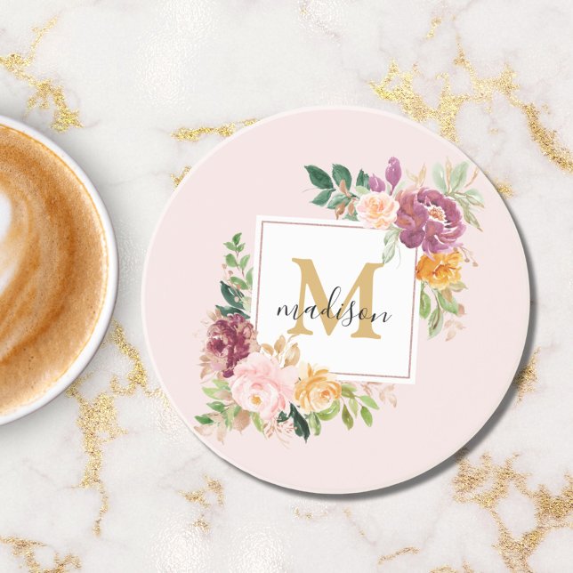 Monogram Elegant Watercolor Rose Floral Botanical Coaster (In situ)