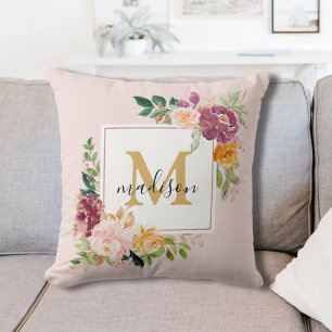 Monogram Elegant Watercolor Rose Floral Botanical Cushion