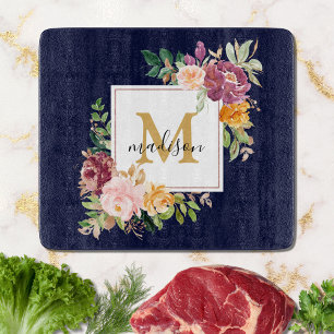 Monogram Elegant Watercolor Rose Floral Botanical Cutting Board
