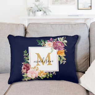 Monogram Elegant Watercolor Rose Floral Botanical Decorative Cushion