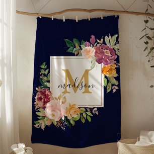 Monogram Elegant Watercolor Rose Floral Botanical Fleece Blanket