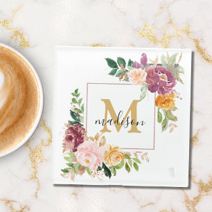 Monogram Elegant Watercolor Rose Floral Botanical Glass Coaster
