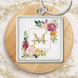 Monogram Elegant Watercolor Rose Floral Botanical Key Ring