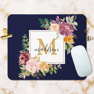 Monogram Elegant Watercolor Rose Floral Botanical Mouse Mat