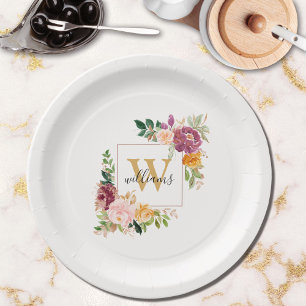 Monogram Elegant Watercolor Rose Floral Botanical Paper Plate