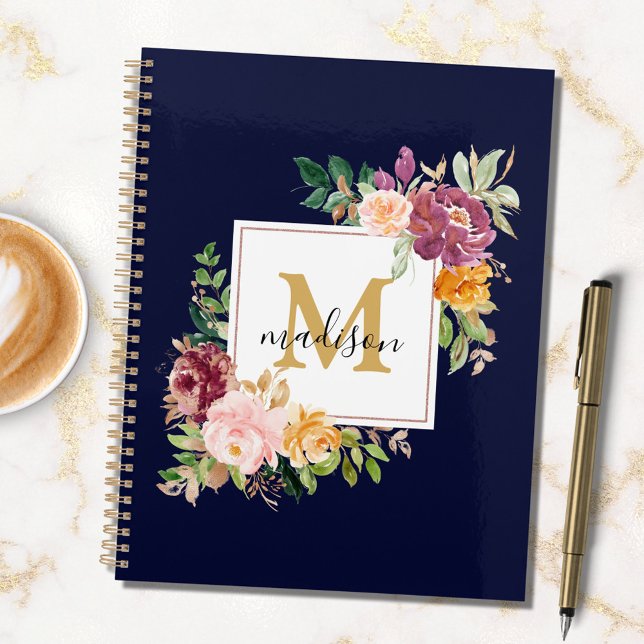 Monogram Elegant Watercolor Rose Floral Botanical Planner (In situ)