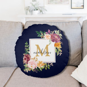 Monogram Elegant Watercolor Rose Floral Botanical Round Cushion