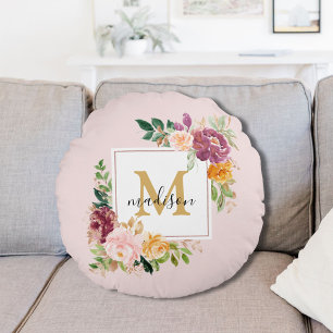 Monogram Elegant Watercolor Rose Floral Botanical Round Cushion