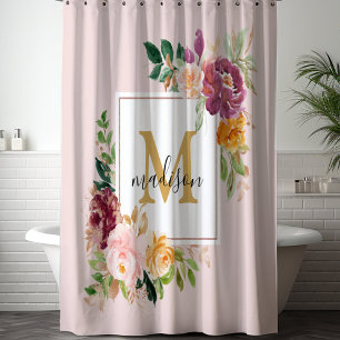 Monogram Elegant Watercolor Rose Floral Botanical Shower Curtain