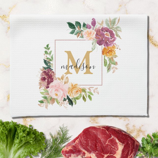 Monogram Elegant Watercolor Rose Floral Botanical Tea Towel (In situ)