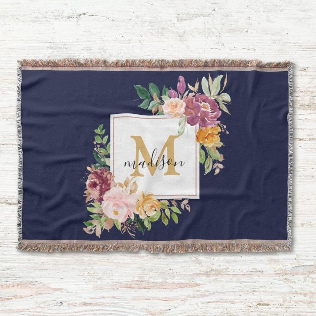 Monogram Elegant Watercolor Rose Floral Botanical Throw Blanket (In situ)