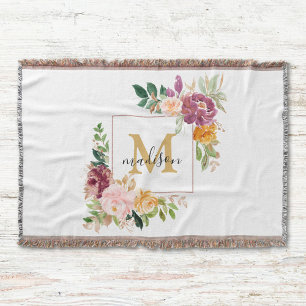 Monogram Elegant Watercolor Rose Floral Botanical Throw Blanket