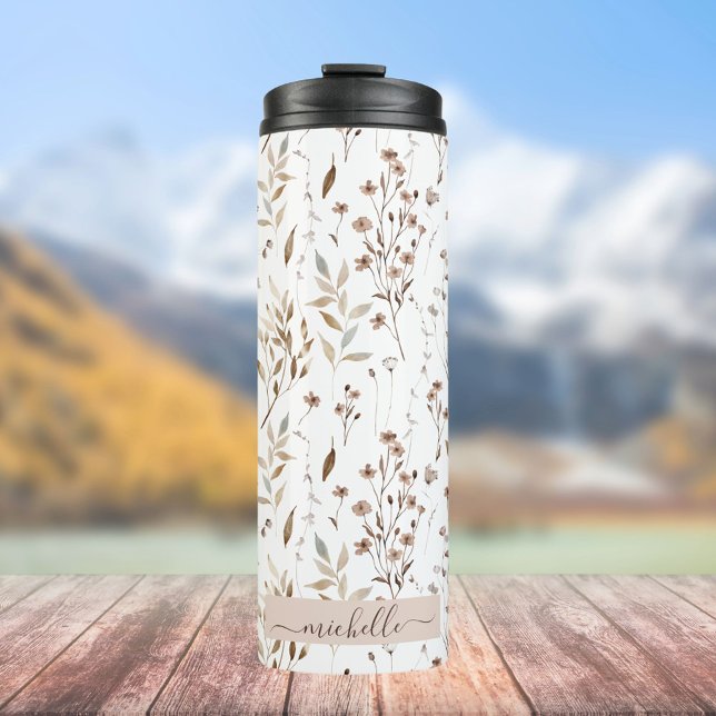 Monogram Elegant Watercolor Wildflowers Leaves Thermal Tumbler (In situ)