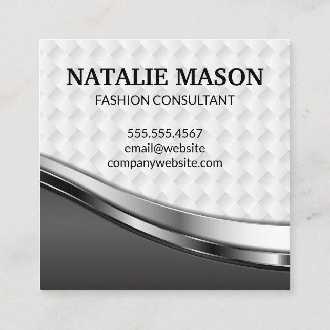 Monogram Elegant Weave Pattern | Metallic Square Business Card (Back)