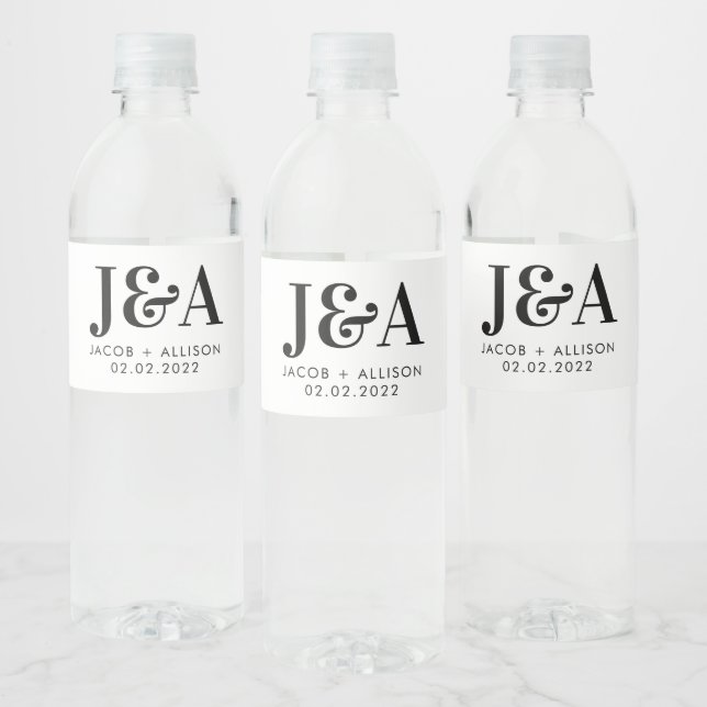 monogram elegant  wedding favour bridal party  water bottle label (Bottles)