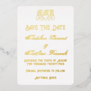 Monogram Elegant White and Gold Save the Date