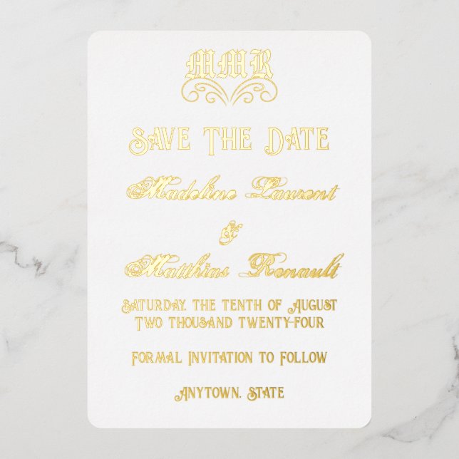 Monogram Elegant White and Gold Save the Date (Front)