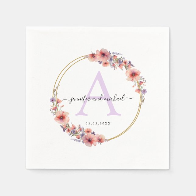 Monogram, elegant, wildflower, circle wedding  napkin (Front)