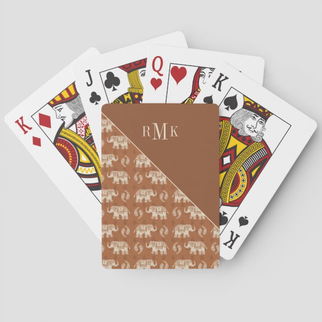 Monogram | Elephant Orange Caravan Pattern Playing Cards (Back)