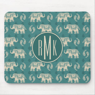 Monogram   Elephant Teal Caravan Pattern Mouse Mat