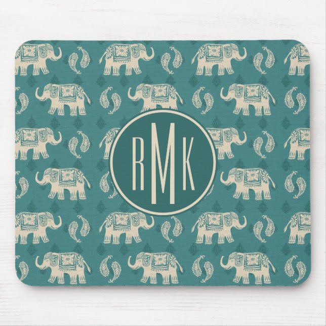 Monogram | Elephant Teal Caravan Pattern Mouse Mat (Front)