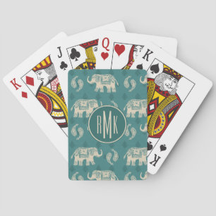Monogram   Elephant Teal Caravan Pattern Playing Cards