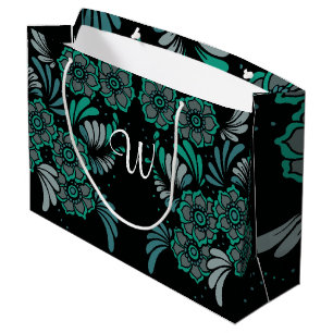 Monogram Emerald Green and Black Flower Pattern Large Gift Bag