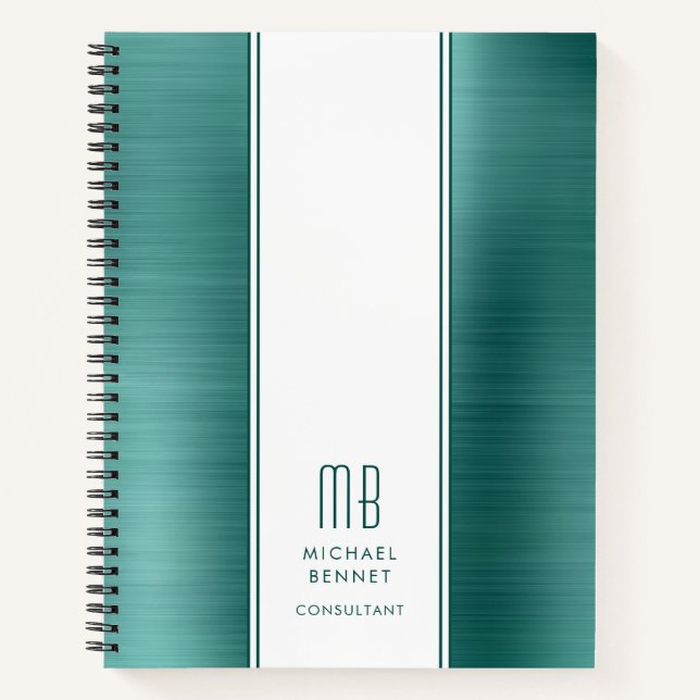 Monogram Emerald Green Brushed Metallic Business Notebook (Front)