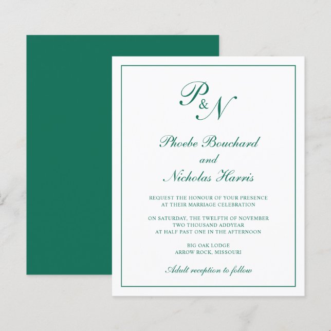 Monogram Emerald Green Budget Wedding Invitation (Front/Back)