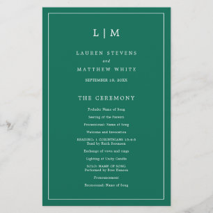 Monogram Emerald Green Budget Wedding Program Flyer