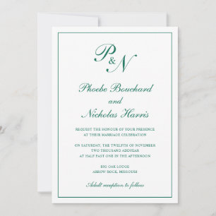 Monogram Emerald Green Formal Elegant Wedding Invitation