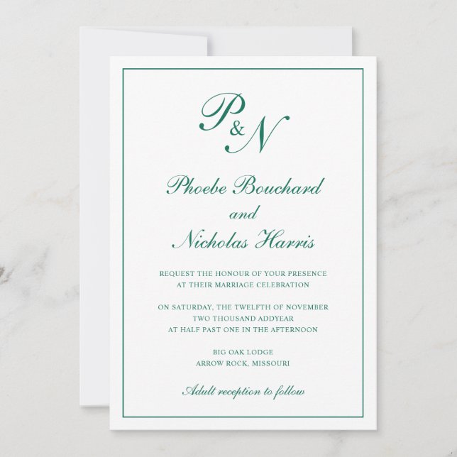 Monogram Emerald Green Formal Elegant Wedding Invitation (Front)