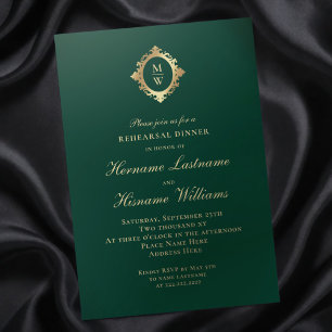 Monogram Emerald Green Gold Rehearsal Dinner Invitation