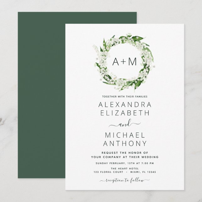 Monogram Emerald Green Greenery Wedding Invitation (Front/Back)