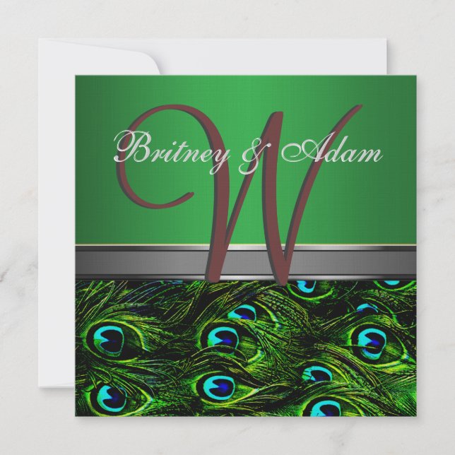 Monogram Emerald Green Peacock Wedding Invitations (Front)