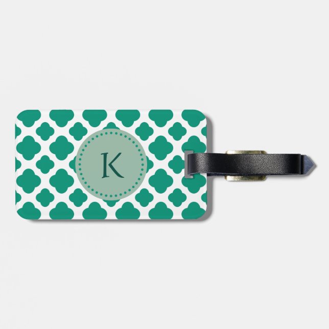 Monogram Emerald Green &  White Quatrefoil Pattern Luggage Tag (Back Horizontal)