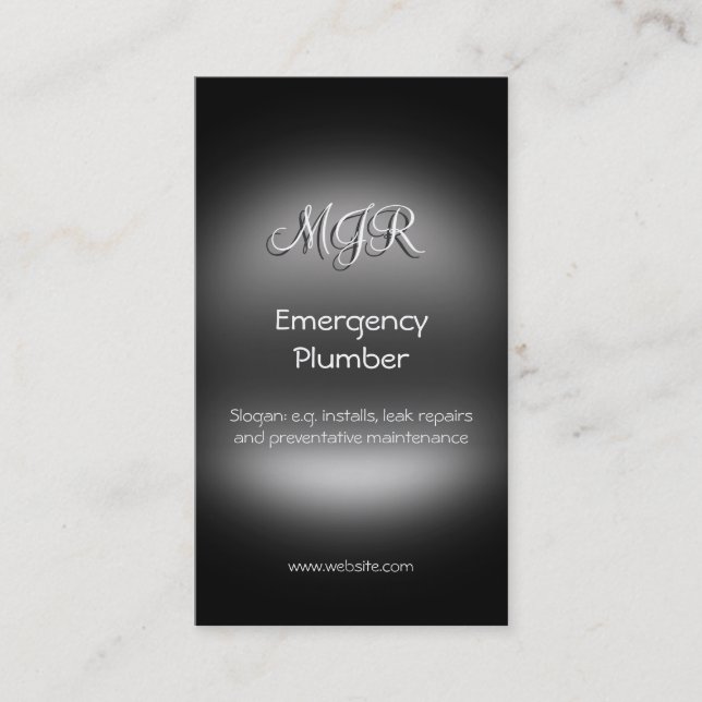 Monogram, Emergency Plumber, metal-look Business Card (Front)
