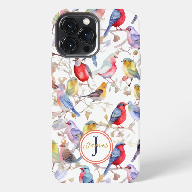 Monogram Enchanting Watercolor Birds Pattern iPhone Case (Back)