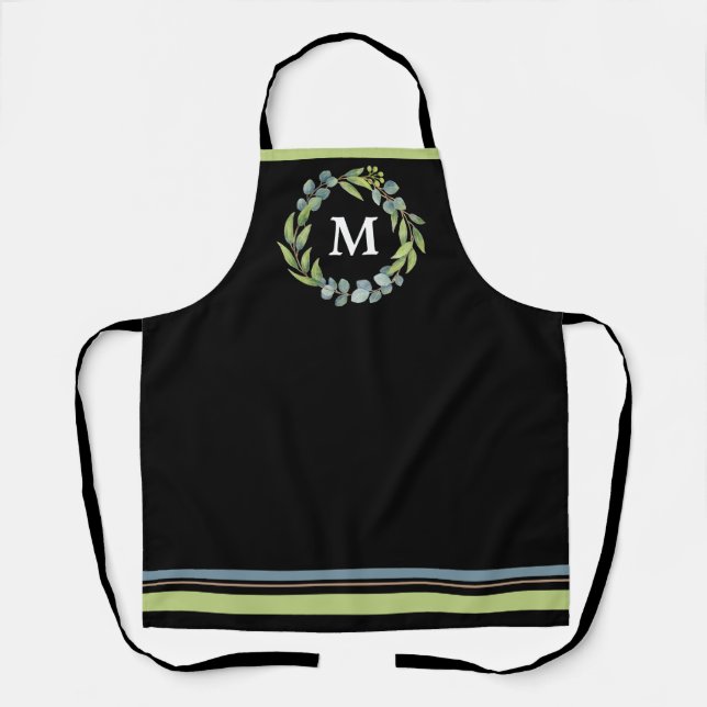 Monogram Eucalyptus Floral Wreath on Black  Apron (Front)