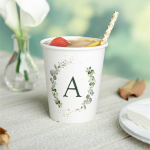 Monogram Eucalyptus Green White Botanical Paper Cups