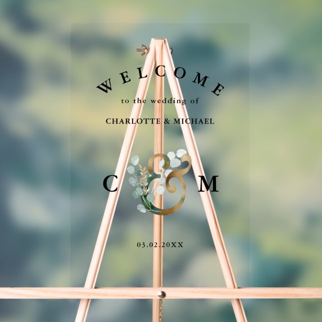 Monogram Eucalyptus greenery gold wedding welcome Acrylic Sign (Neutral)