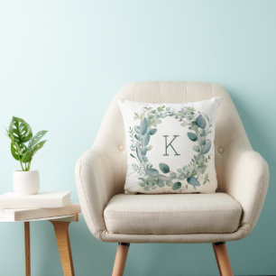 Monogram Eucalyptus Greenery Leaves Wedding Cushion