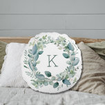 Monogram Eucalyptus Greenery Leaves Wedding Round Cushion<br><div class="desc">Beautiful Eucalyptus Wreath Monogrammed Throw pillow. Add your initial to personalise it. Makes a great gift for any home or for bridal showers and wedding gifts.</div>