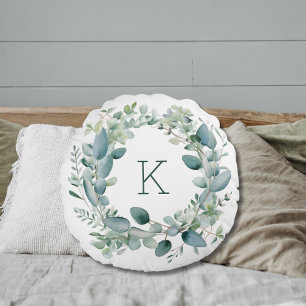 Monogram Eucalyptus Greenery Leaves Wedding Round Cushion