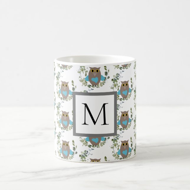 Monogram Eucalyptus Greenery Owl Coffee Mug (Center)