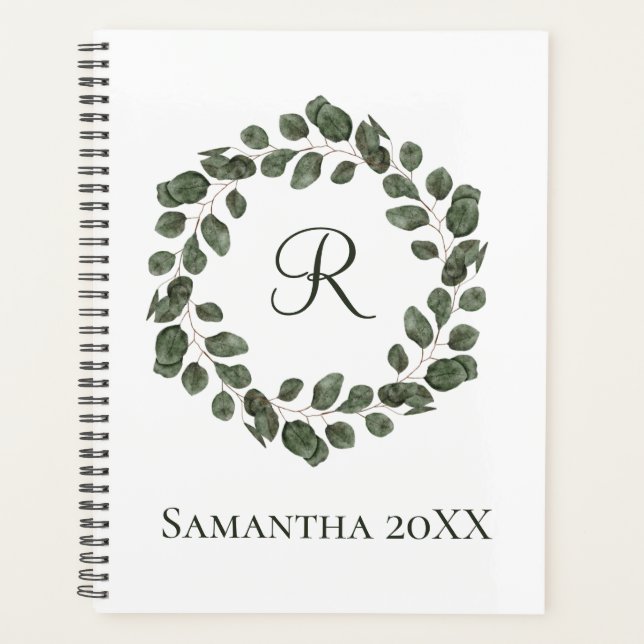 Monogram Eucalyptus Leaves Elegant Modern  Planner (Front)