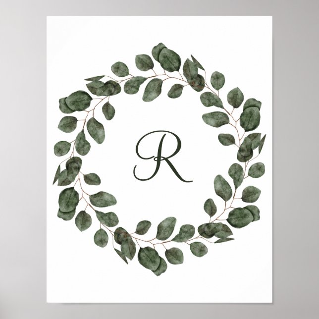 Monogram Eucalyptus Leaves Elegant Modern  Poster (Front)