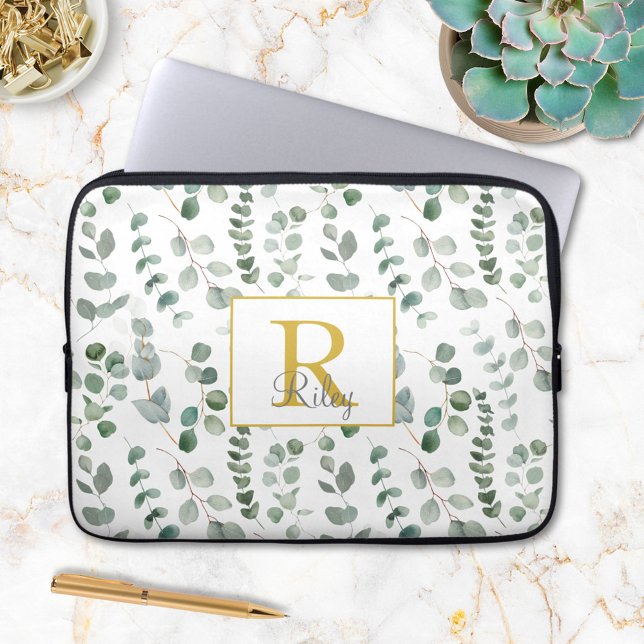 Monogram Eucalyptus Leaves Pattern Laptop Sleeve (In situ)