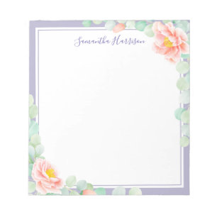 Monogram Eucalyptus Leaves Peony Floral Peach Grey Notepad